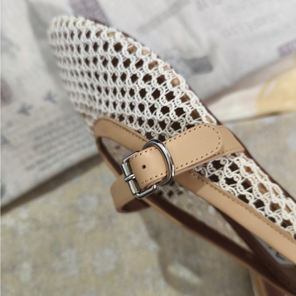 Alaia Cream Woven Mary Jane Flats with Tan Leather Trim - Picture 5 of 6